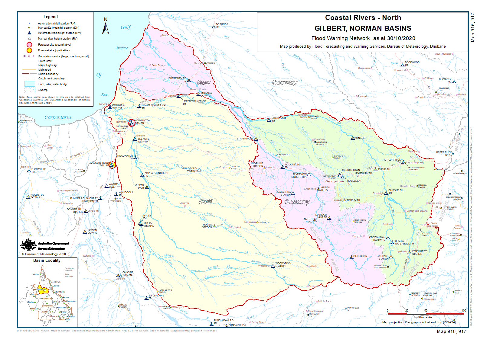 Flood warning system sites for the Gilbert and Norman catchments