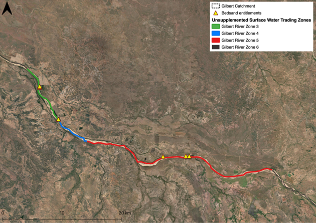 Map of bedsand entitlements with water trading zones overlain on aerial imagery, with annual volumetric limits