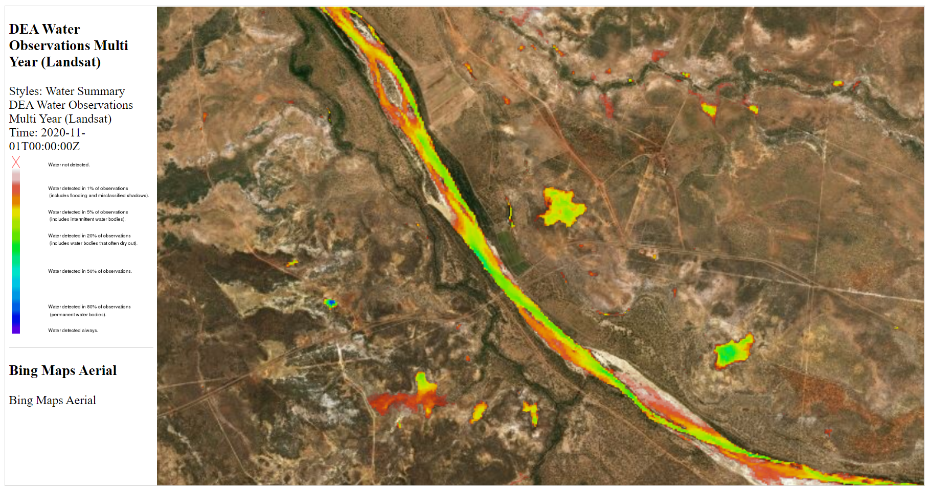 Map of frequency water was detected near the Gulf Development Road between 1986 and 2020, overlain on Bing maps aerial imagery
